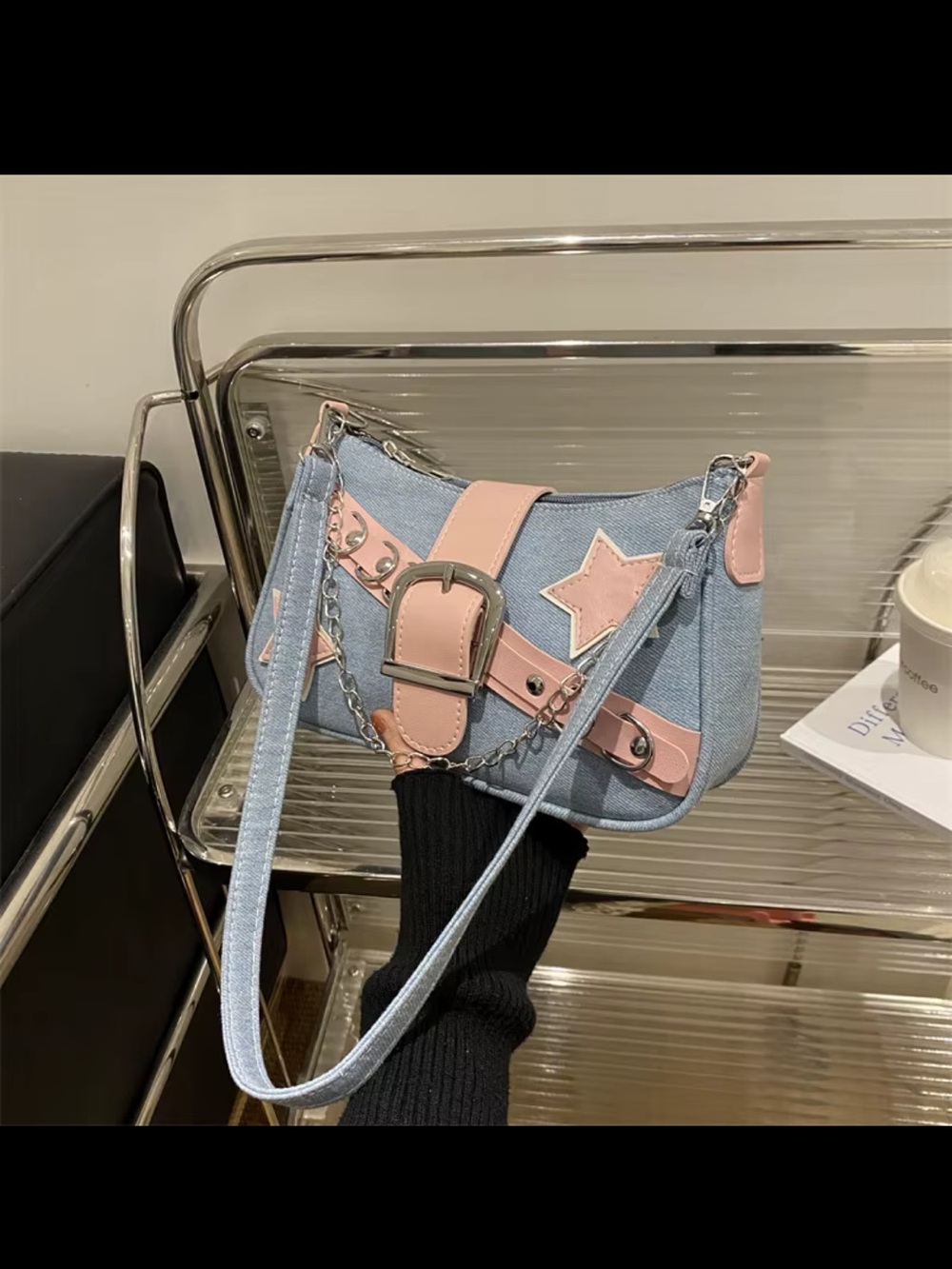 Denim and Pink Star Accent Shoulder Bag